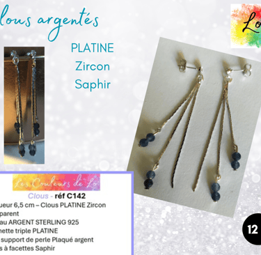 Boucles clous Platine Zircon chaînette triple Saphir Les Couleurs de Lo