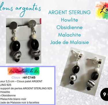 Boucles clous Argent Sterling Howlite Obsidienne Malachite Jade de Malaisie Les Couleurs de Lo