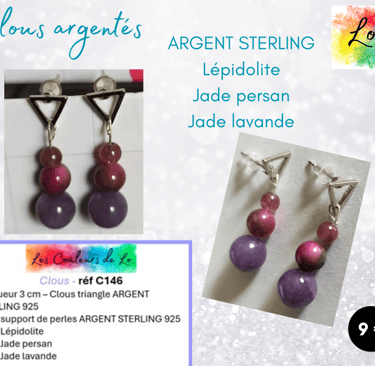 Boucles clous Argent Sterling Lépidolite Jade persan Jade lavande Les Couleurs de Lo
