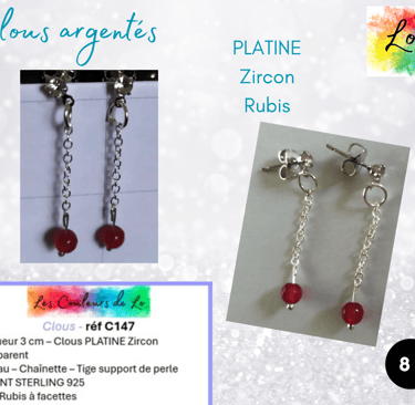 Boucles clous Platine Zircon chaînette Argent Sterling Rubis Les Couleurs de Lo