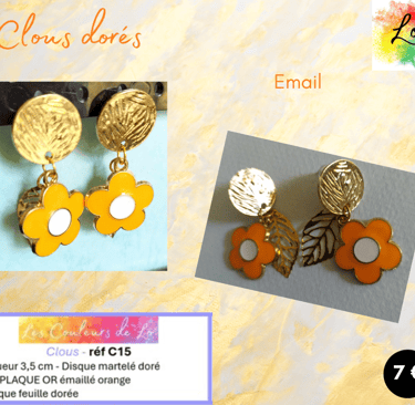 Boucles clous dorés fleur émail orange Les Couleurs de Lo