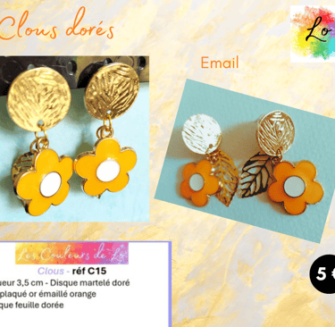 Boucles clous dorés fleur émail orange Les Couleurs de Lo