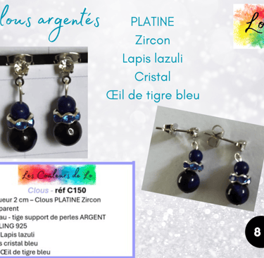 Boucles clous Platine Zircon Lapis lazuli Strass cristal Œil de tigre bleu Les Couleurs de Lo