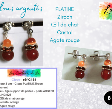 Boucles clous Platine Zircon Œil de chat strass cristal Agate rouge Les Couleurs de Lo