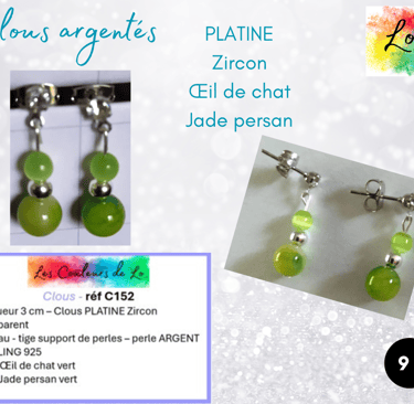 Boucles clous Platine Zircon Œil de chat strass cristal Jade persan vert Les Couleurs de Lo