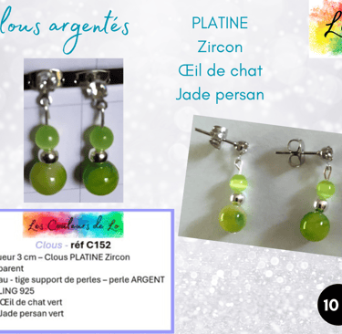 Boucles clous Platine Zircon Œil de chat strass cristal Jade persan vert Les Couleurs de Lo
