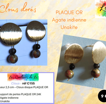 Boucles clous Plaqué or Agate indienne Unakite Les Couleurs de Lo