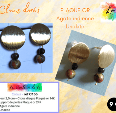 Boucles clous Plaqué or Agate indienne Unakite Les Couleurs de Lo