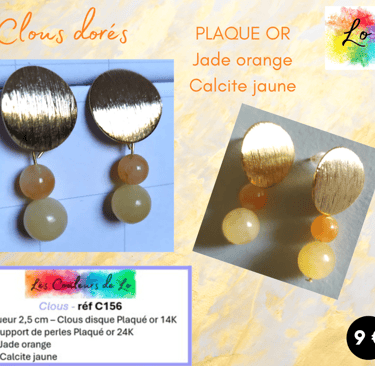 Boucles clous Plaqué or Jade orange Calcite jaune Les Couleurs de Lo