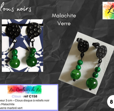 Boucles clous noirs à reliefs Malachite verre marbré vert Les Couleurs de Lo
