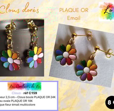 Boucles clous Plaqué or fleur émail multicolore Les Couleurs de Lo