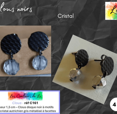 Boucles clous noirs à motifs cristal autrichien gris métallisé Les Couleurs de Lo