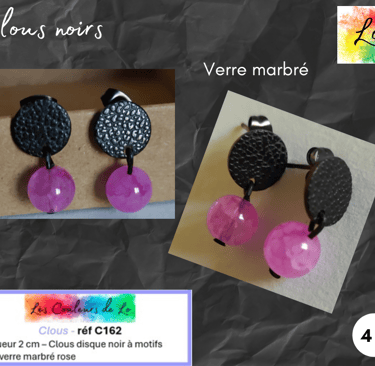 Boucles clous noirs à motifs verre marbré rose Les Couleurs de Lo