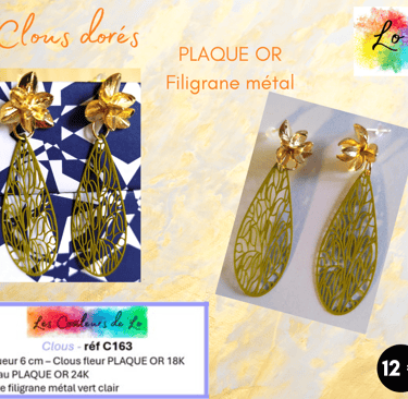 Boucles clous fleur Plaqué or filigrane vert clair Les Couleurs de Lo