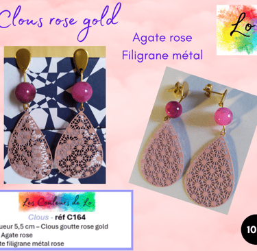 Boucles clous rose gold Agate rose filigrane rose Les Couleurs de Lo