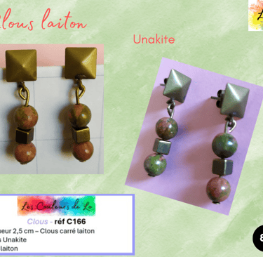 Boucles clous laiton Unakite cube laiton Les Couleurs de Lo