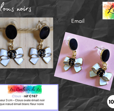 Boucles clous ovale émail noir nœud émail blanc Les Couleurs de Lo