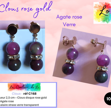 Boucles clous rose gold Agate rose strass verre transparent Les Couleurs de Lo