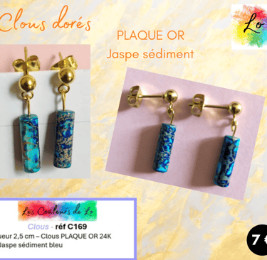 Boucles clous Plaqué or Jaspe sédiment bleu Les Couleurs de Lo