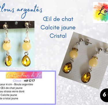 Boucles clous argentés Calcite jaune goutte cristal jaune Les Couleurs de Lo