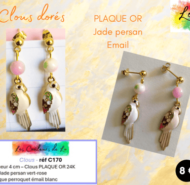 Boucles clous Plaqué or Jade persan perroquet émail blanc Les Couleurs de Lo
