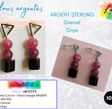 Boucles clous Argent sterling Grenat Onyx Les Couleurs de Lo