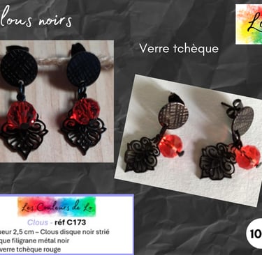 Boucles clous noir filigrane métal noir verre tchèque rouge Les Couleurs de Lo