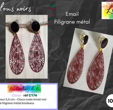 Boucles clous émail noir goutte filigrane métal bordeaux Les Couleurs de Lo
