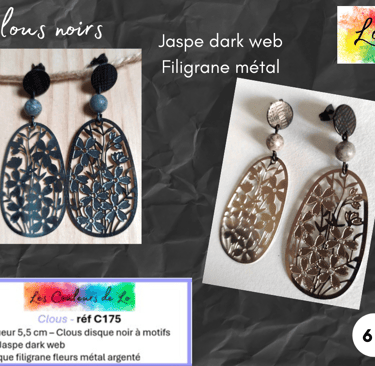 Boucles clous noir Jaspe dark web filigrane métal argenté Les Couleurs de Lo
