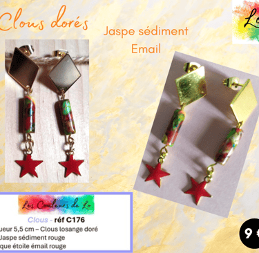 Boucles clous losange doré Jaspe sédiment étoile émail rouge Les Couleurs de Lo