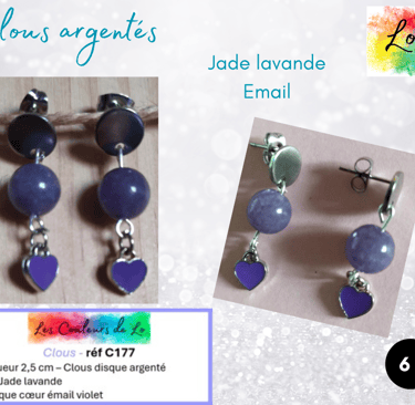 Boucles clous argentés Jade lavande cœur émail violet Les Couleurs de Lo