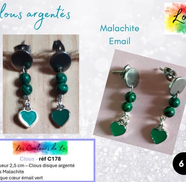 Boucles clous argentés Malachite cœur émail vert Les Couleurs de Lo