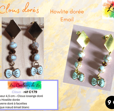 Boucles clous losange doré Howlite dorée verre doré nœud émail blanc Les Couleurs de Lo