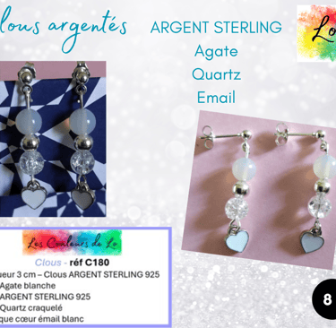 Boucles clous Argent sterling Agate Quartz cœur émail blanc Les Couleurs de Lo