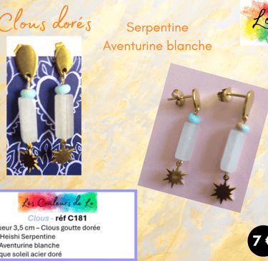 Boucles clous goutte dorée Serpentine Aventurine blanche soleil acier doré Les Couleurs de Lo