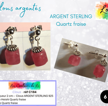 Boucles clous Argent sterling fleur Argent tibétain Quartz fraise Les Couleurs de Lo