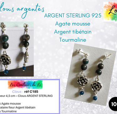 Boucles clous Argent sterling Agate mousse fleur Argent tibétain Tourmaline Les Couleurs de Lo