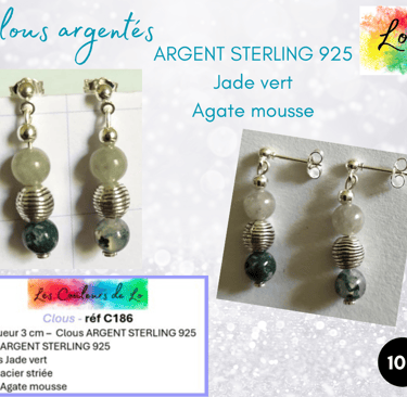 Boucles clous Argent sterling Jade vert perle argentée striée Agate mousse Les Couleurs de Lo