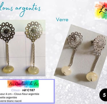 Boucles clous fleur argentée verre blanc nacré Les Couleurs de Lo