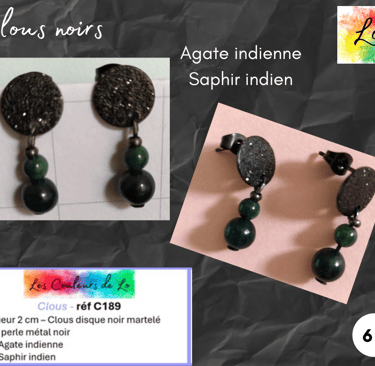 Boucles clous noirs Agate indienne Saphir indien Les Couleurs de Lo