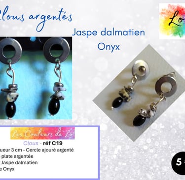 Boucles clous argentés Jaspe dalmatien Onyx Les Couleurs de Lo