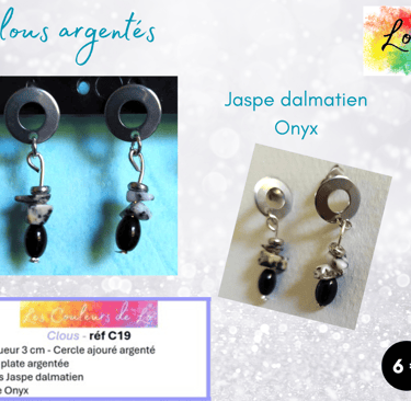 Boucles clous argentés Jaspe dalmatien Onyx Les Couleurs de Lo