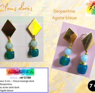 Boucles clous losange doré Serpentine Agate bleue Les Couleurs de Lo