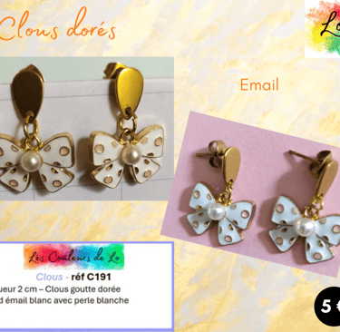 Boucles clous goutte dorée nœud émail blanc perle blanche Les Couleurs de Lo