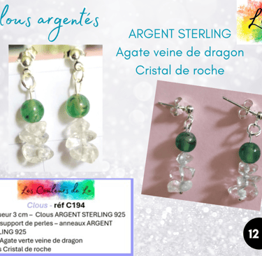 Boucles clous Argent sterling Agate verte veine de dragon Cristal de roche Les Couleurs de Lo