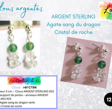 Boucles clous Argent sterling Agate sang du dragon verte Cristal de roche Les Couleurs de Lo