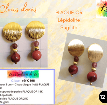 Boucles clous disque Plaqué or Lépidolite Sugilite Les Couleurs de Lo