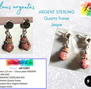 Boucles clous Argent sterling Quartz fraise fleur Argent tibétain Jaspe violet Les Couleurs de Lo