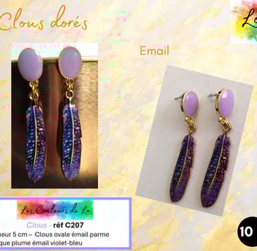 Boucles clous ovale émail parme plume émail violet-bleu Les Couleurs de Lo