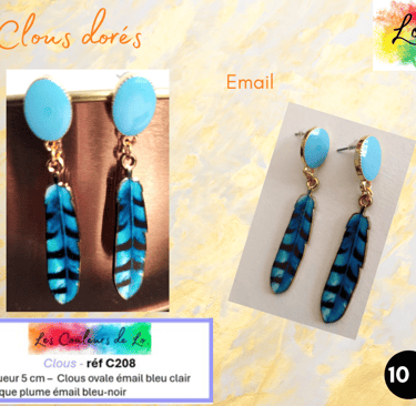 Boucles clous ovale émail bleu clair plume émail bleu Les Couleurs de Lo